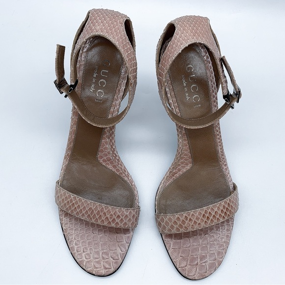 Gucci Snake Pattern Kitten Heel Ankle Strap Leather  Sandal in Rosy Pink - Picture 8 of 15